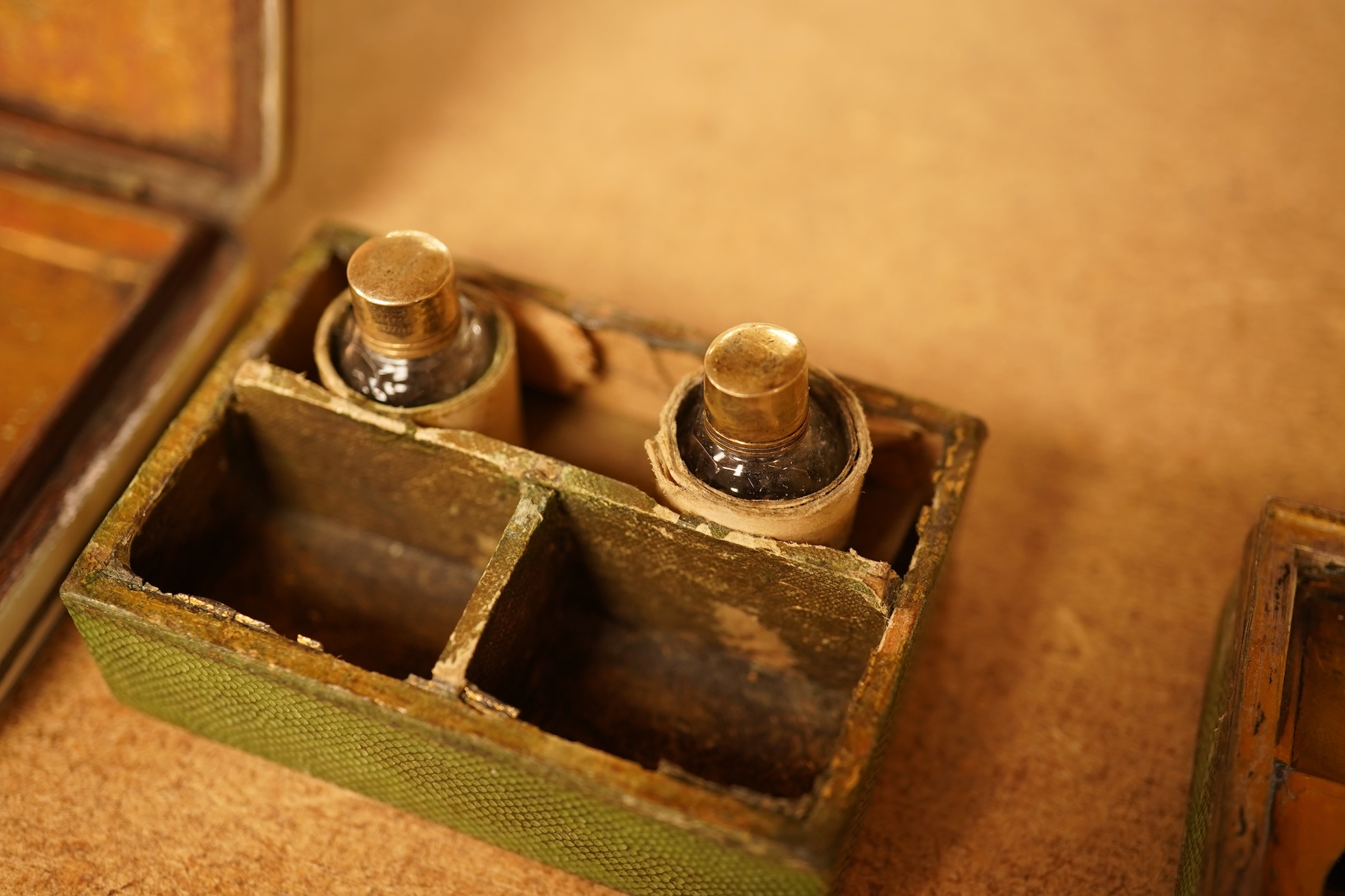 A French silver and shagreen perfume box, portrait miniature on ivory and an early 19th century mother of pearl box (2), shagreen box 5.5cm wide x 4cm deep x 3cm high Ivory Submission reference 96LR94PU